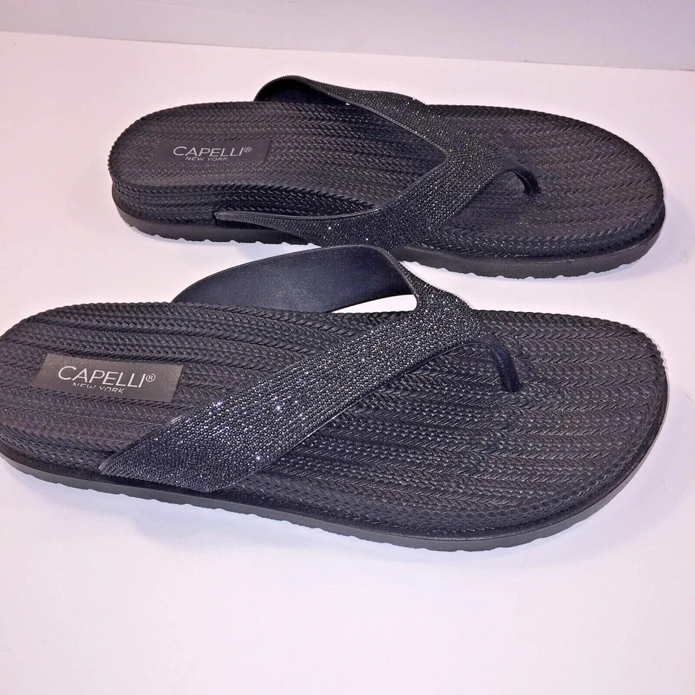 Capelli New York Sandals Womens 10 Flip Flop Thong Black Glitter Casual
